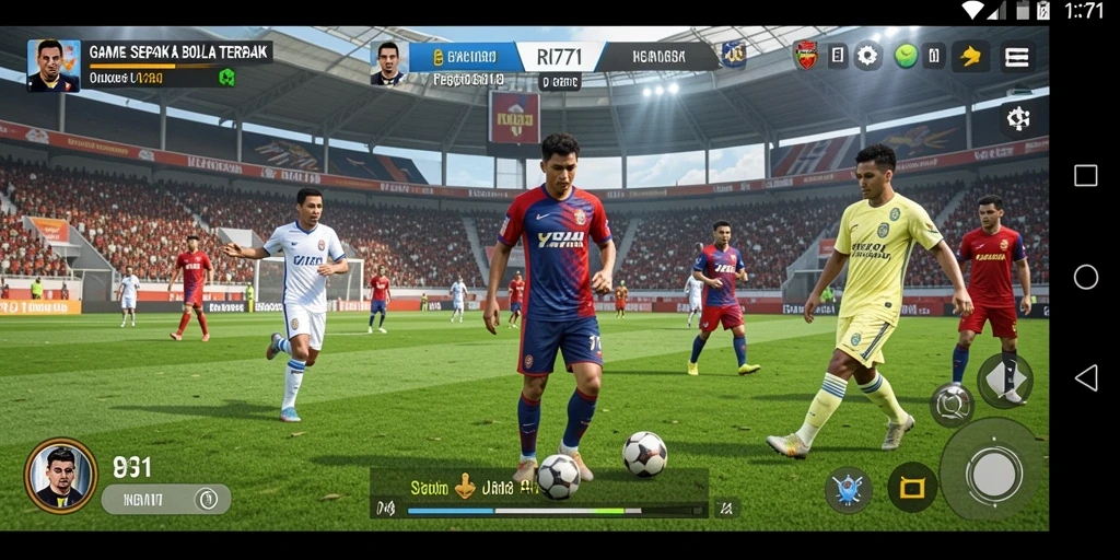 Tangkapan layar gameplay RI771 menunjukkan aksi pertandingan sepak bola yang seru.