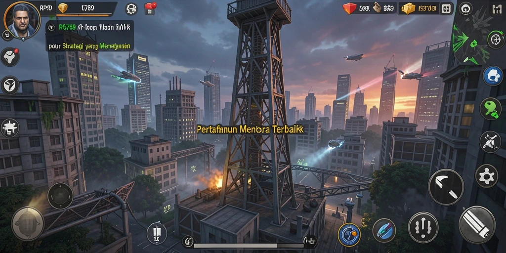 Tangkapan layar gameplay RP6789 menampilkan menara yang sedang menyerang musuh.