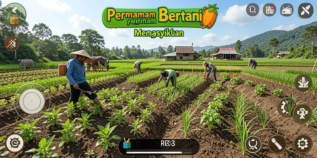 Screenshot gameplay RR33 dengan aktivitas bertani yang seru.